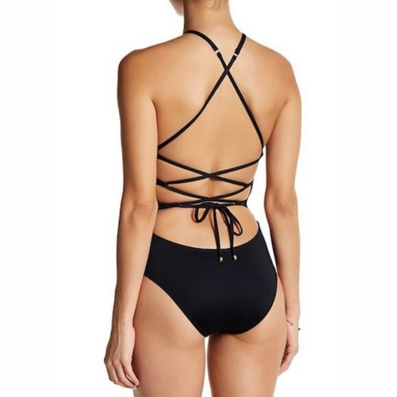 Vitamin A Perforated Black Lace Up Back One Piece Swimsuit S - Picture 3 of 9